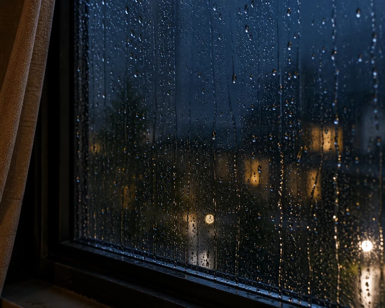 Close-up of rain running down a bedroom window at night