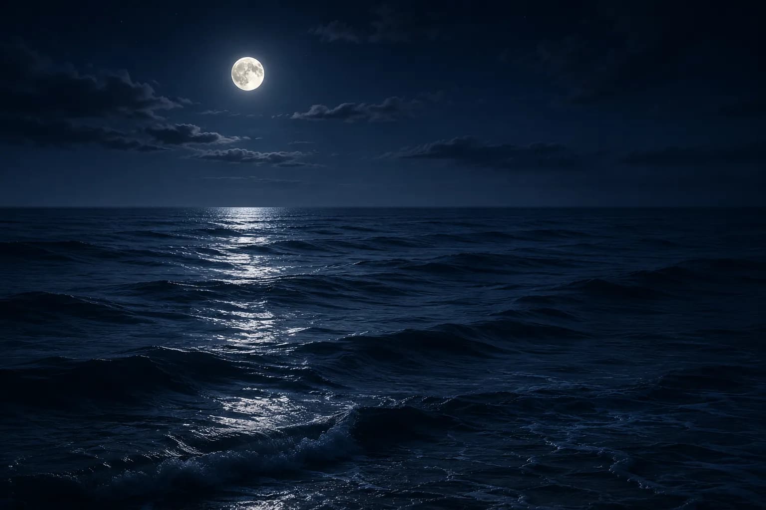 Moonlit ocean with slow dark-blue waves for a calming nighttime atmosphere