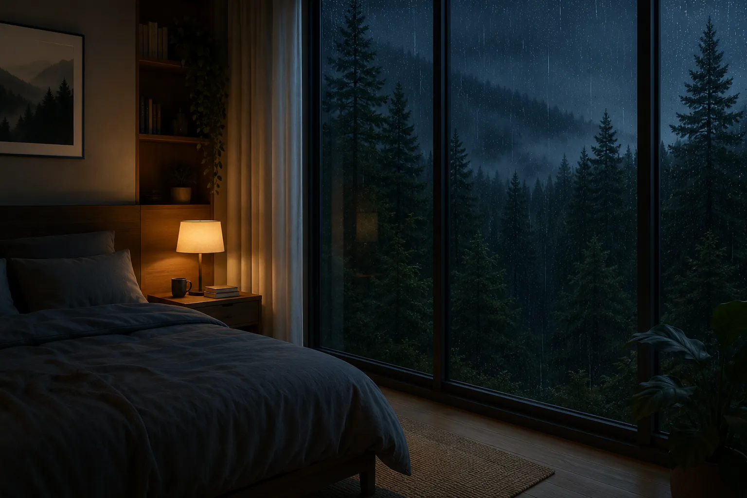A peaceful bedroom overlooking a rainy forest at night