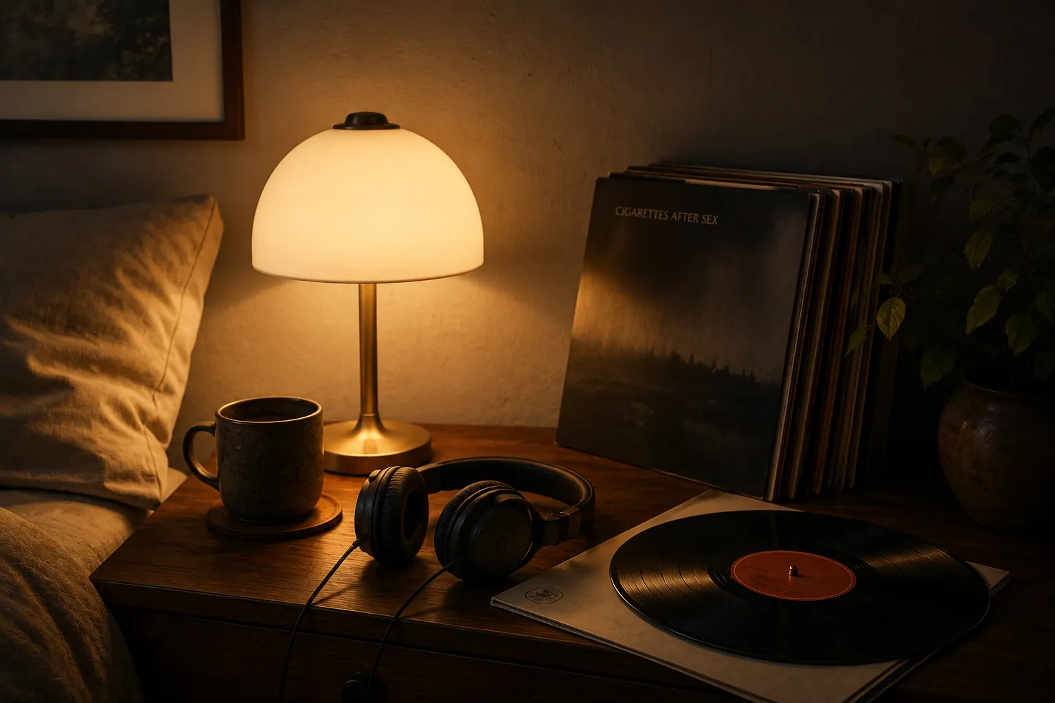 Warm bedside desk with headphones and a soft lamp for relaxing lo-fi music